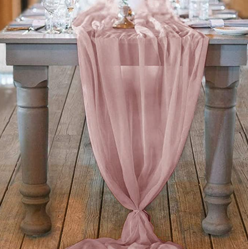 28x120 Inch, 2 PCS Dusty Rose Chiffon Table Runner for Wedding 10Ft 28x120 Inches,Romantic Draping Tulle Table Runner Bridal Decorations Drapes for the backdrop of Party Shower,Birthday,Reception 